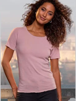 T-shirt à col rond avec bords pailletés raffinés et manches finies