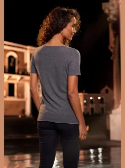 T-shirt à col rond avec bords pailletés raffinés et manches finies
