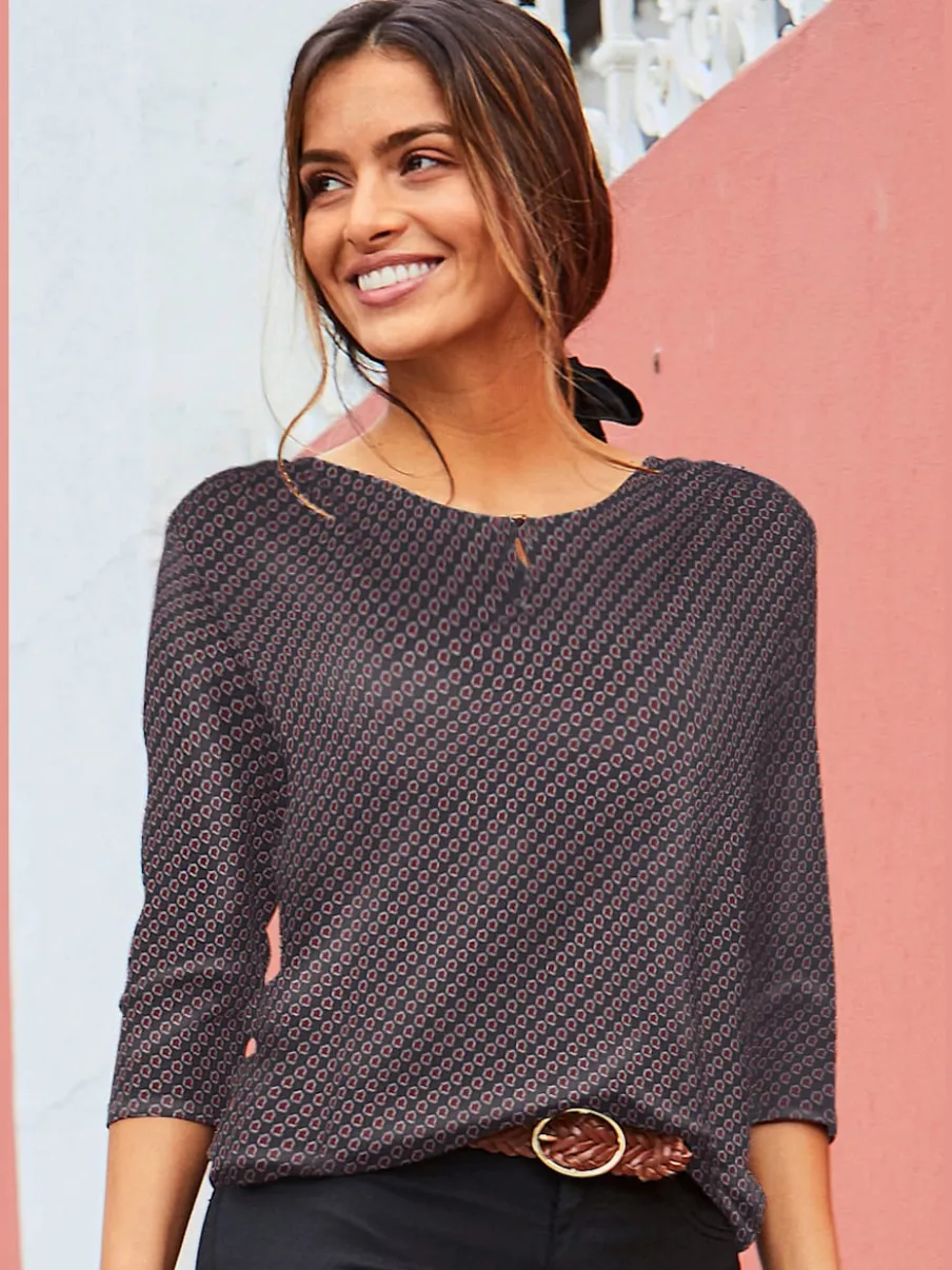 T-shirt à col rond avec boutons et manches 3/4 en viscose douce