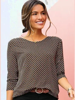 T-shirt à col rond avec boutons et manches 3/4 en viscose
