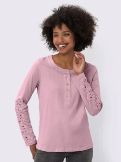 T-shirt à col rond avec délicat empiècement en dentelle et fentes latérales