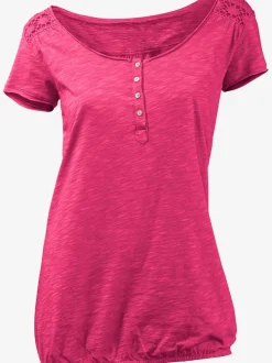 T-shirt à col rond avec détails dentelle et boutons brillants