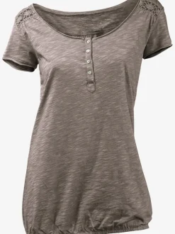 T-shirt à col rond avec détails dentelle et boutons brillants
