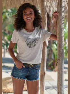 T-shirt à col rond avec imprimé estival et détails brillants