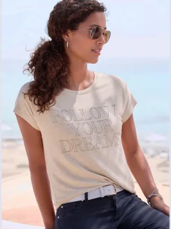 T-shirt à col rond avec inscription en strass douce et affinante