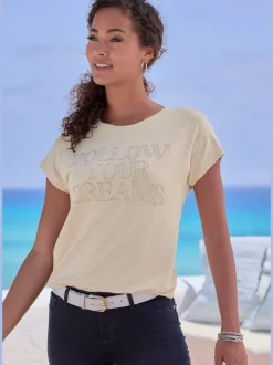 T-shirt à col rond avec inscription en strass douce et affinante