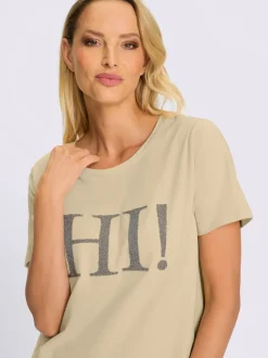 T-shirt à col rond avec inscription en perles fantaisie