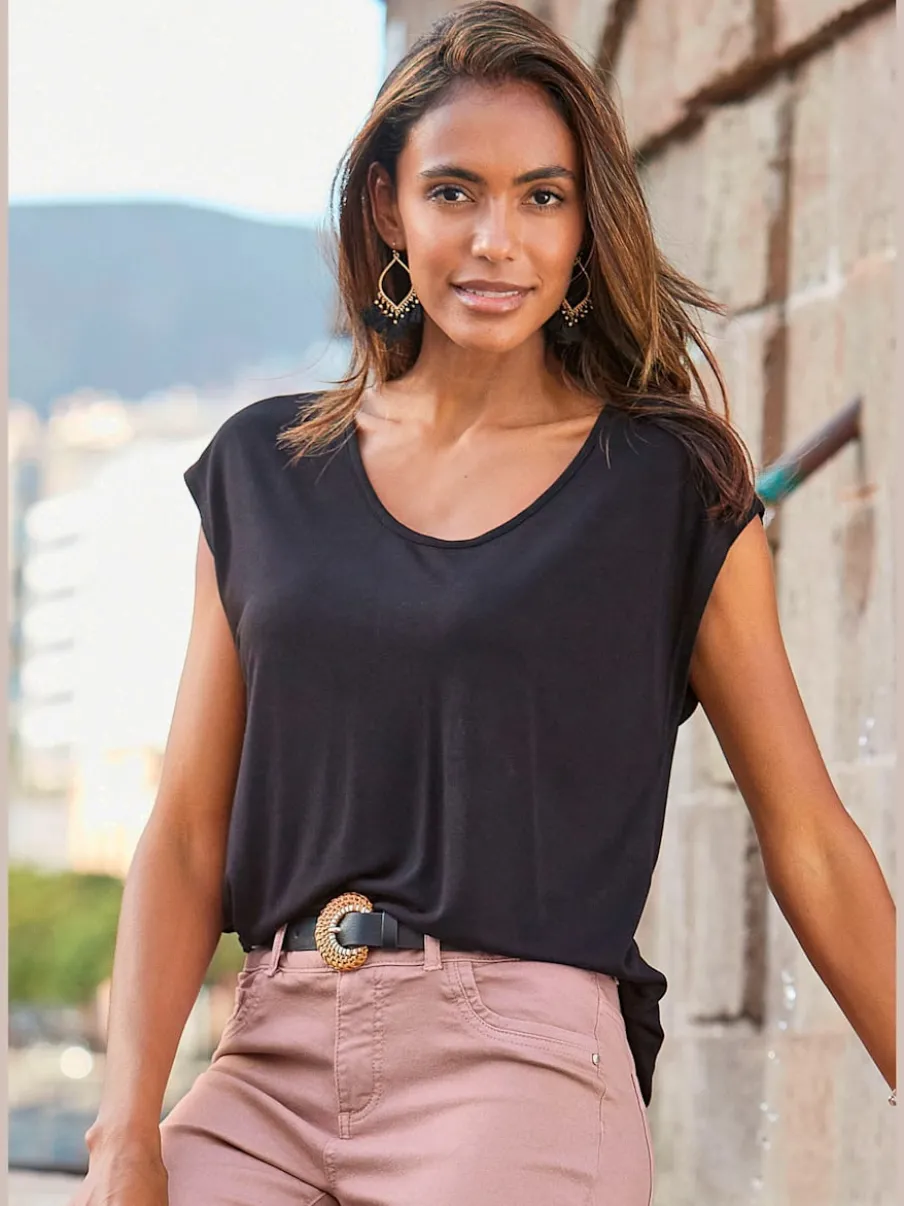 T-shirt à col rond avec mancherons courts en jersey doux
