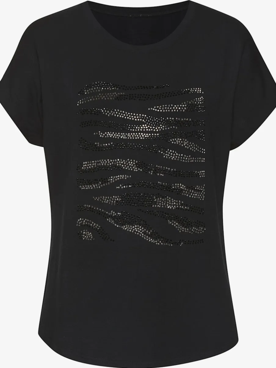 T-shirt à col rond avec motif en strass et ourlet arrondi