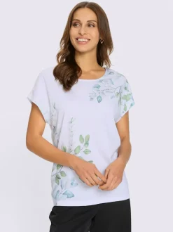 T-shirt à col rond avec motif feuilles et pierres brillantes