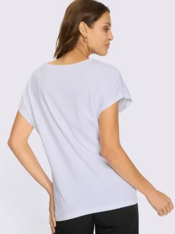 T-shirt à col rond avec motif feuilles et pierres brillantes