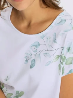 T-shirt à col rond avec motif feuilles et pierres brillantes