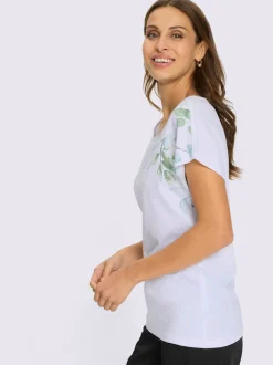 T-shirt à col rond avec motif feuilles et pierres brillantes