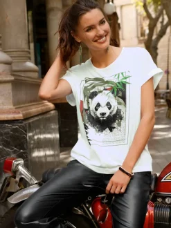 T-shirt à col rond avec motif panda et mancherons