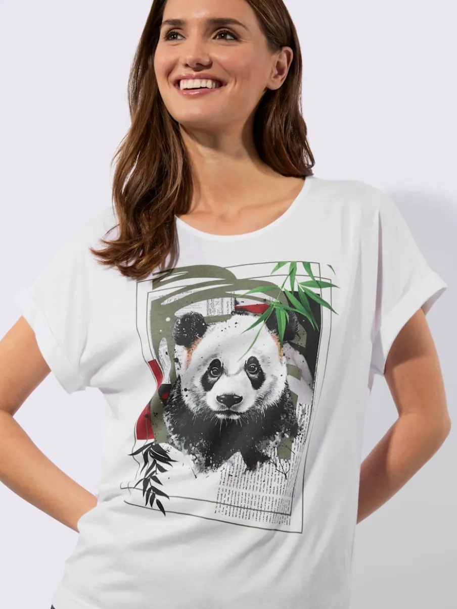 T-shirt à col rond avec motif panda et mancherons