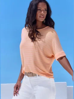 T-shirt à col rond en tricot fin avec rayures et manches mi-longues