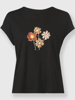 T-shirt à col rond fleurs et mancherons en coton