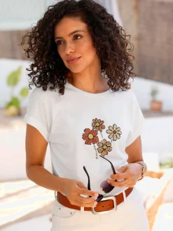T-shirt à col rond fleurs et mancherons en coton