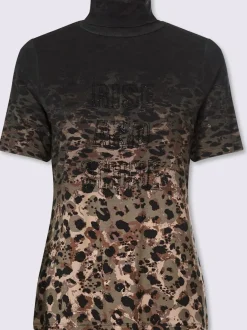 T-shirt à col roulé en viscose avec motif animal et inscription brillante