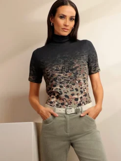 T-shirt à col roulé en viscose avec motif animal et inscription brillante