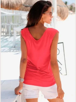 T-shirt col V avec cordons et encolure dégagée ornée de rubans