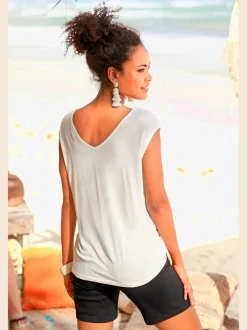 T-shirt col V avec cordons et encolure dégagée ornée de rubans