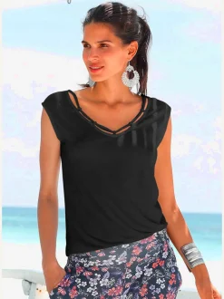 T-shirt col V avec cordons et encolure dégagée ornée de rubans