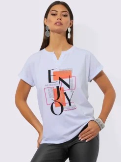 T-shirt à col V avec imprimé graphique et applications métalliques