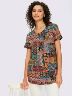 T-shirt à col V avec imprimé patchwork et manches courtes