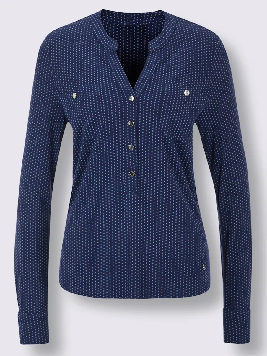 T-shirt à col V avec manches longues et motif à pois