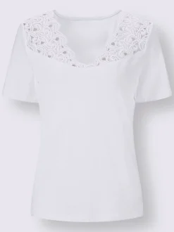 T-shirt à col V en dentelle avec motifs floraux