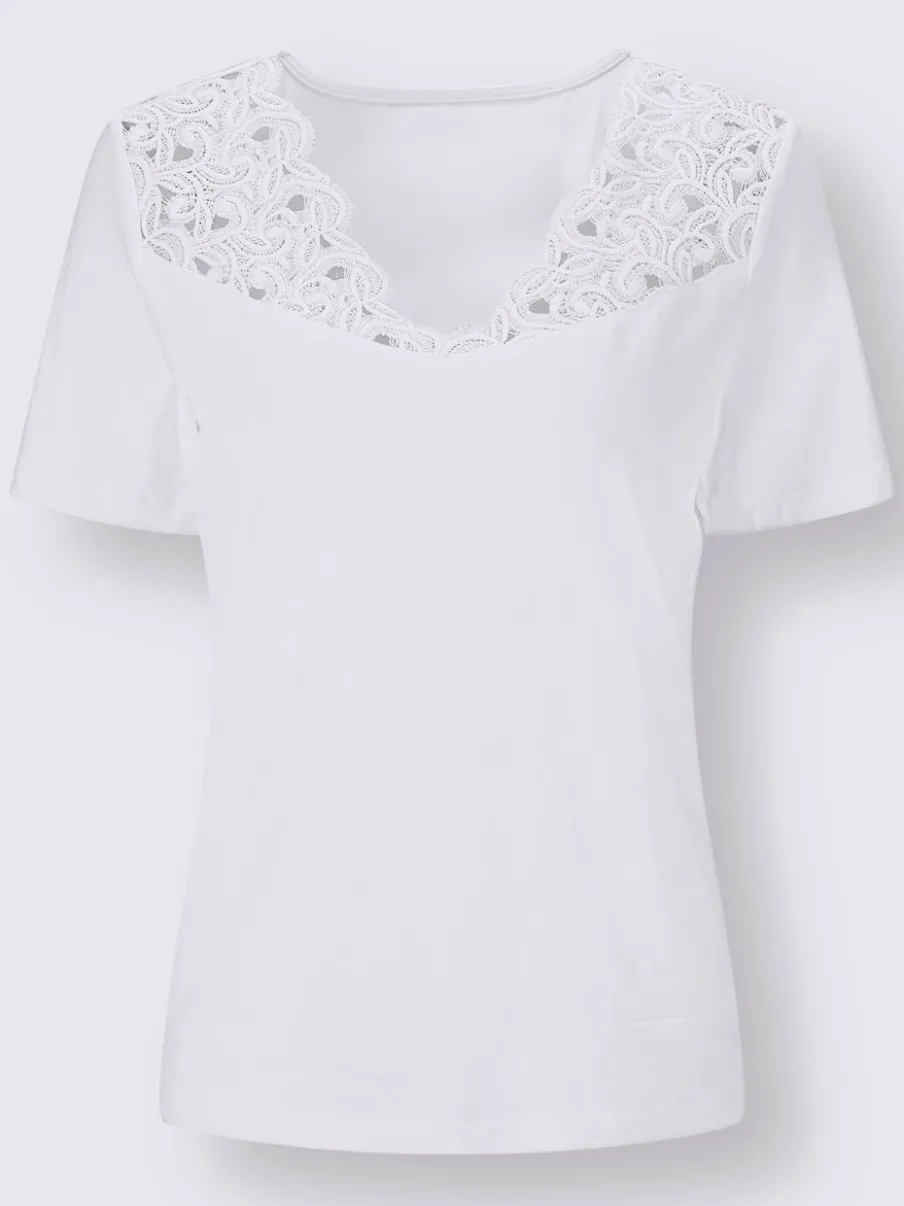 T-shirt à col V en dentelle avec motifs floraux