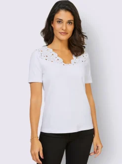 T-shirt à col V en dentelle avec motifs floraux