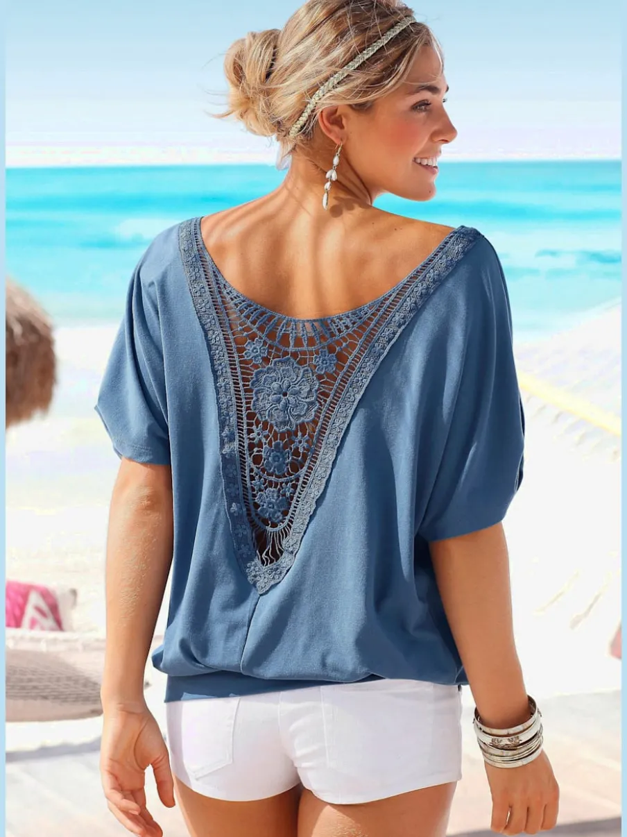 T-shirt de plage ample avec col large et manches mi-longues