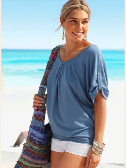 T-shirt de plage ample avec col large et manches mi-longues