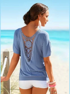 T-shirt de plage ample avec col large et manches mi-longues