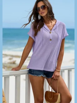 T-shirt de plage en matière gaufrée avec capuche et patte de boutonnage