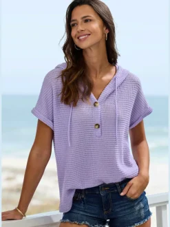 T-shirt de plage en matière gaufrée avec capuche et patte de boutonnage