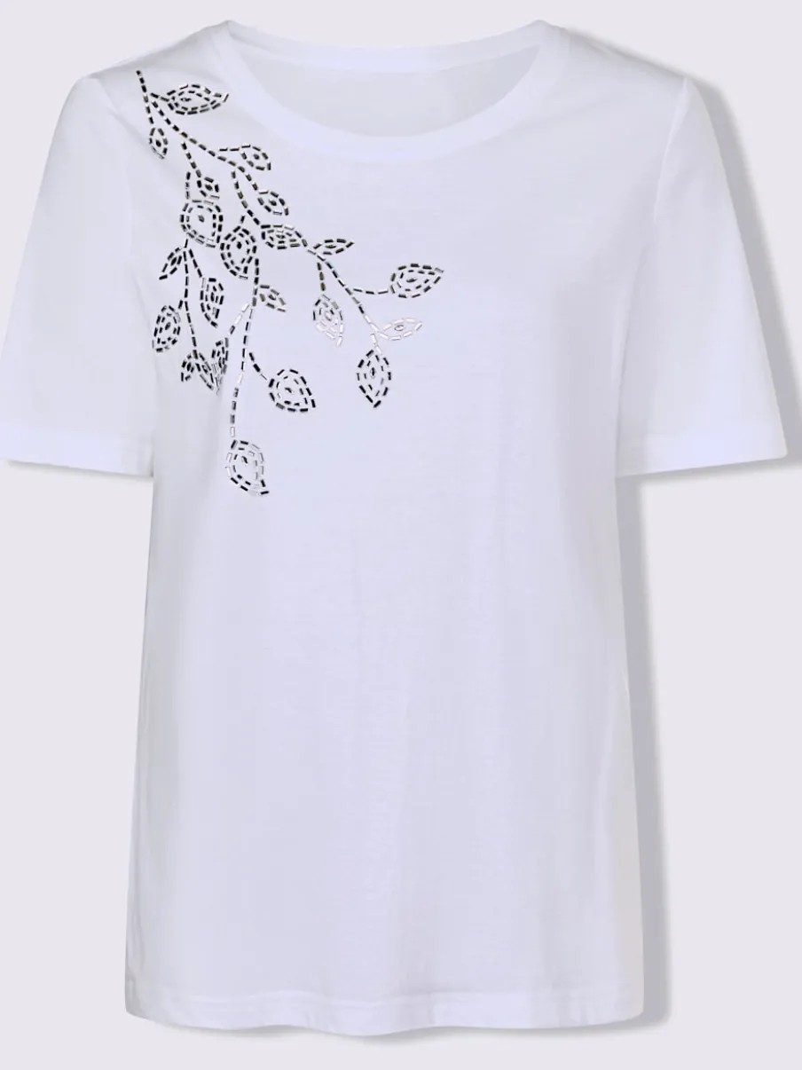 T-shirt doux col rond avec feuilles pailletées devant