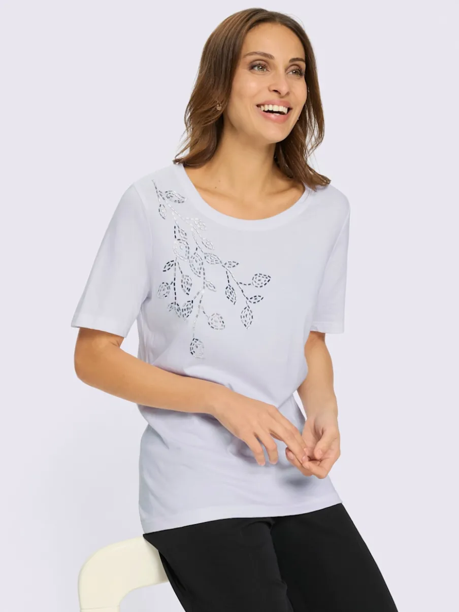 T-shirt doux col rond avec feuilles pailletées devant