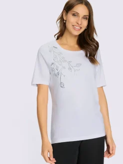 T-shirt doux col rond avec feuilles pailletées devant