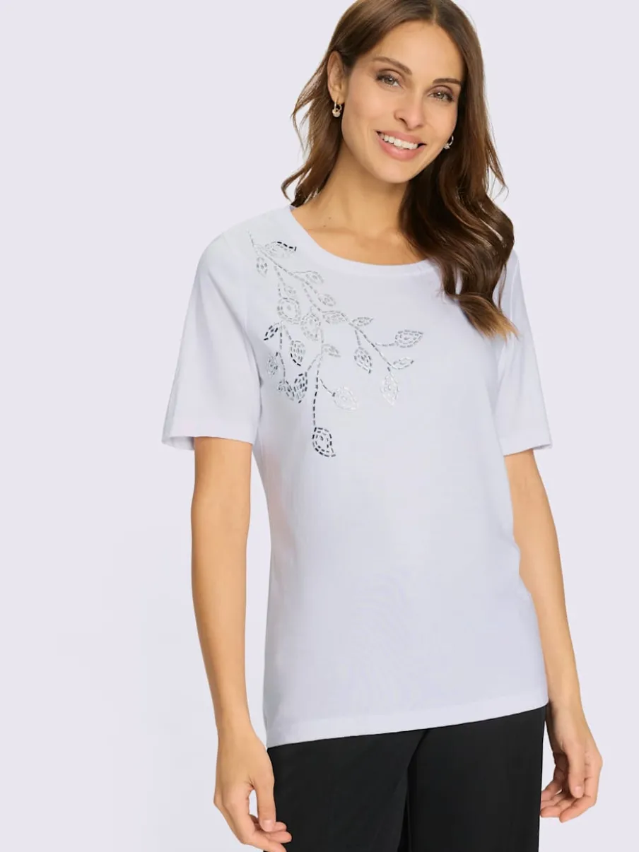 T-shirt doux col rond avec feuilles pailletées devant
