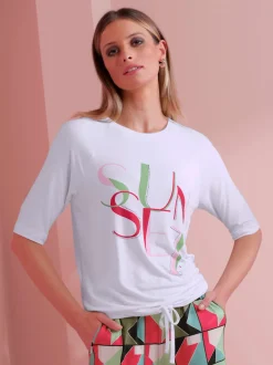 T-shirt doux à encolure ronde avec inscription fantaisie