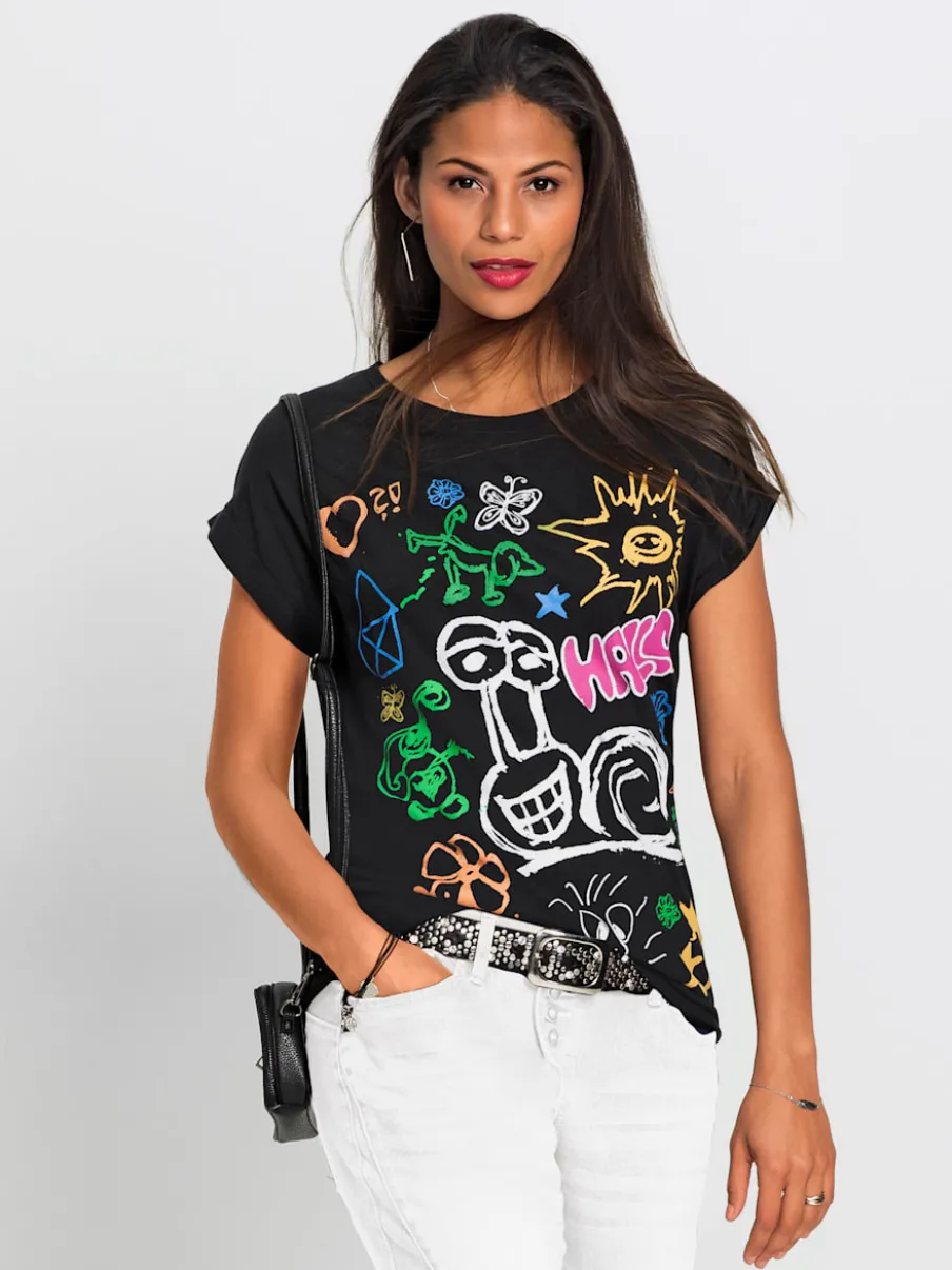 T-shirt doux manches courtes avec imprimé graffiti coloré