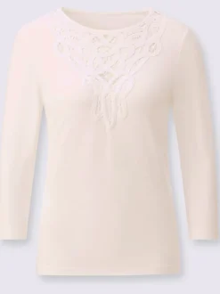 T-shirt à empiècement en dentelle avec encolure ronde et manches 3/4