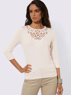 T-shirt à empiècement en dentelle avec encolure ronde et manches 3/4
