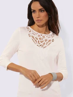T-shirt à empiècement en dentelle avec encolure ronde et manches 3/4