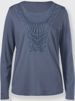 T-shirt empiecement dentelle col arrondi manches longues