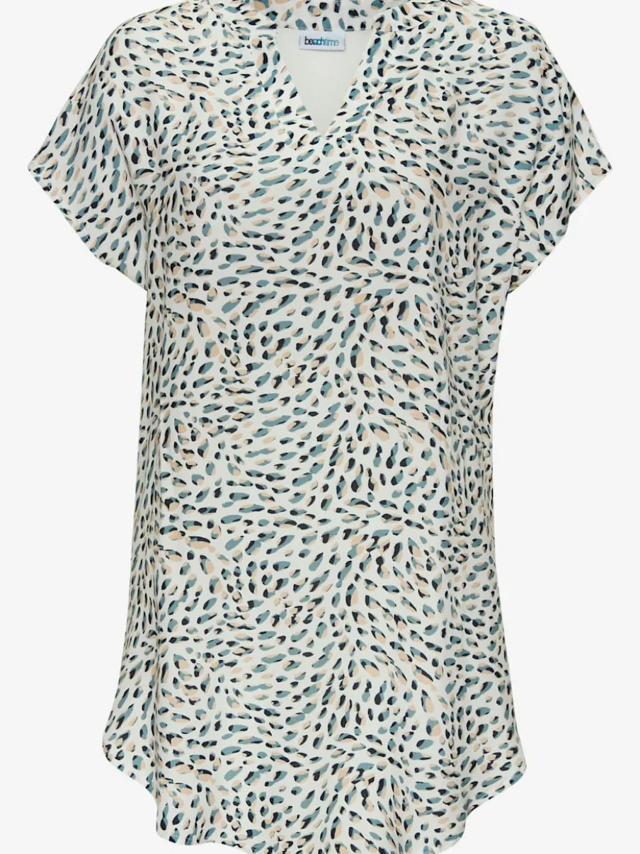T-shirt à encolure en V avec bordure et matière tissée devant