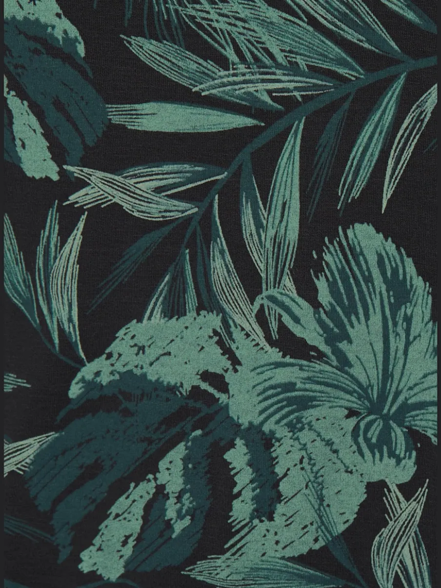 T-shirt à encolure large à motifs feuilles et manches courtes